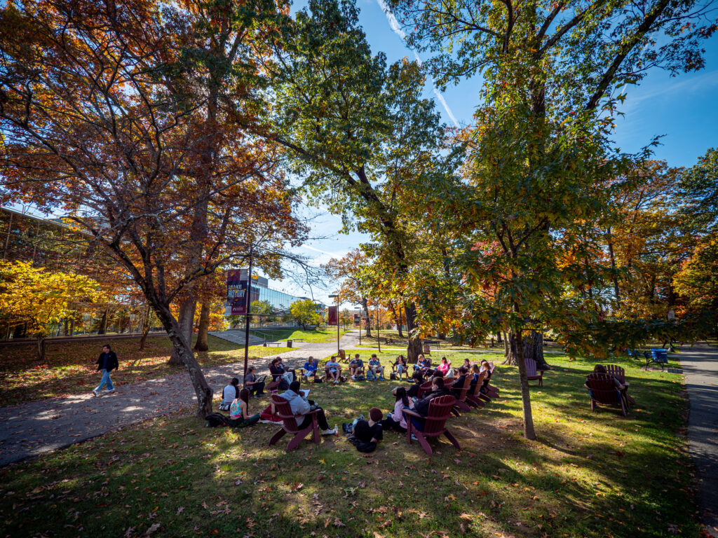 A class sits in a circle outside in the Grove, taking advantage of the fall weather under the canopy of trees with colorful foliage on a clear blue sky day.