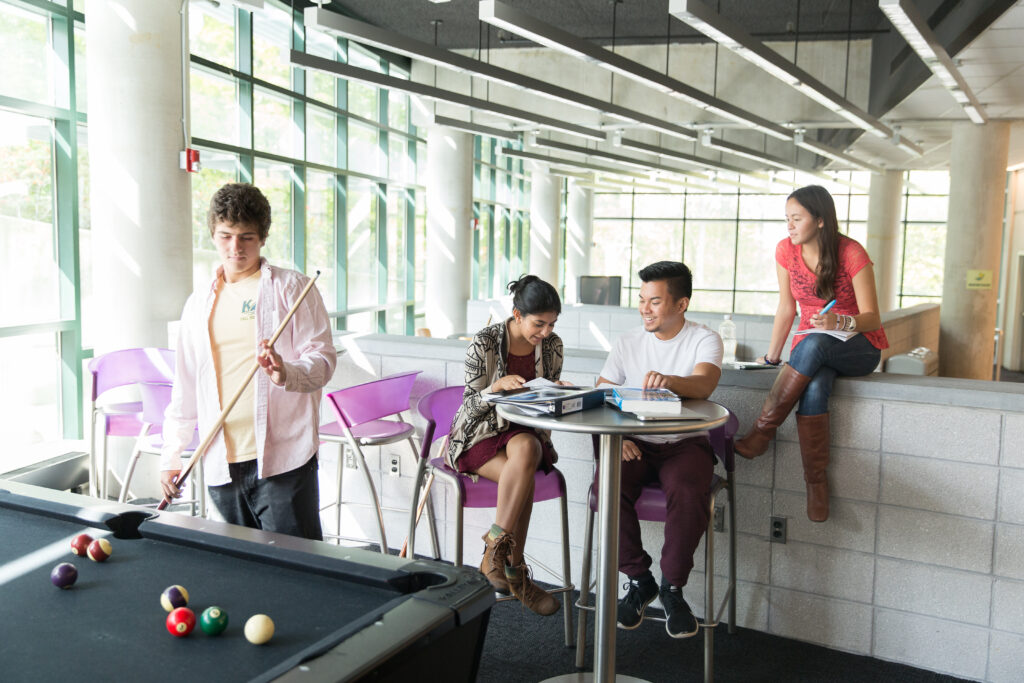 Four students are in The Overlook residence hall lounge. One is playing pool, holding a cue stick and looking at the table and pool balls. Two are sitting behind him at a high-top table with books and talking. A fourth student is sitting on the half-wall behind the table looking at what the students at the table are reading. The background is floor to ceiling windows with rays of sunlight shining into the lounge.