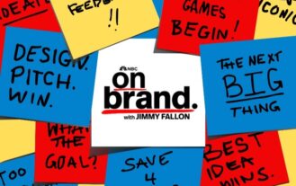 A collage of red, yellow and blue Post-It notes, with black words written on them. A white post it is in the middle, with the words "On Brand with Jimmy Fallon."