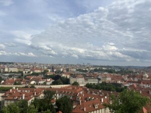 A landscape of buildings with red rooves, and a big sky with clouds above.