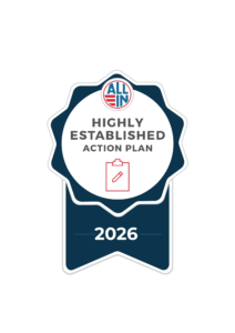 A badge with a ribbon labeled 2026 at the bottom, featuring the text Highly Established Action Plan and a clipboard icon. The top includes a circular ALL IN logo with a red, white, and blue design.