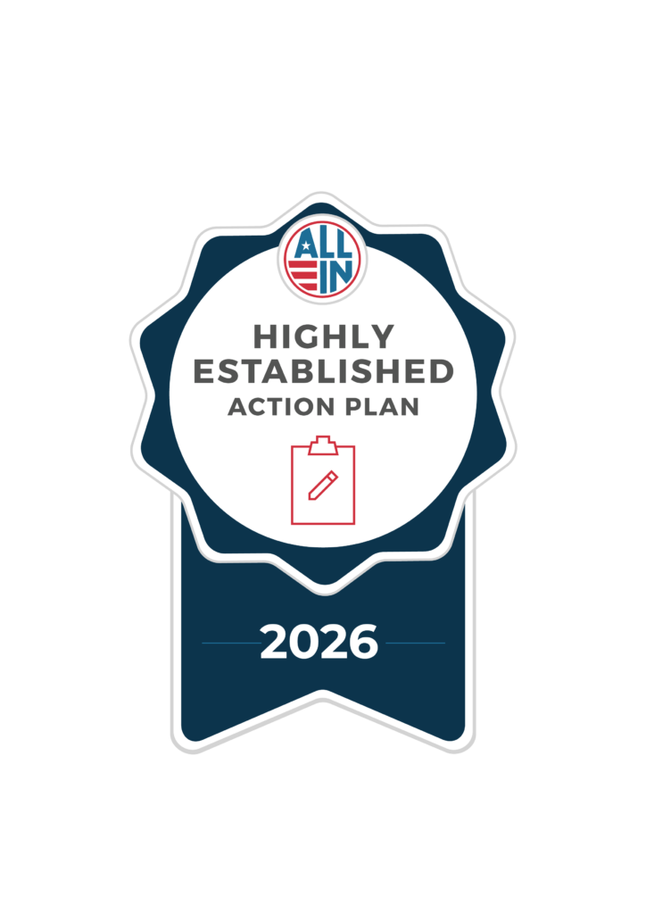 A badge with a ribbon labeled 2026 at the bottom, featuring the text Highly Established Action Plan and a clipboard icon. The top includes a circular ALL IN logo with a red, white, and blue design.