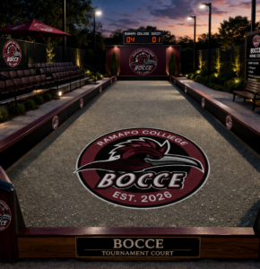 A bocce ball court with a Roadrunner logo.