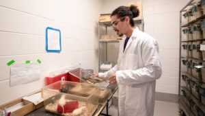 A young man in a white lab coat looks down at a bin.