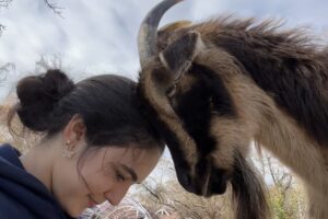 A woman and a goat put their heads together.