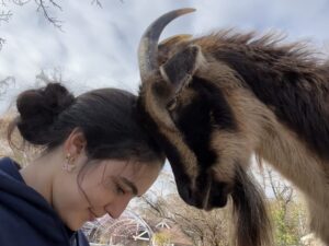 A woman and a goat put their heads together.