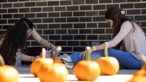 Two college students decorate pumpkins outside.