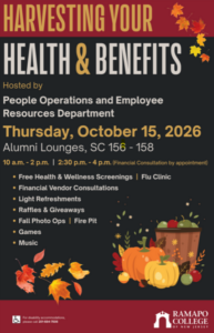 Event flyer for Harvesting Your Health & Benefits at Ramapo College on Thursday, October 15, 2026, featuring health screenings, consultations, and fall-themed activities.
