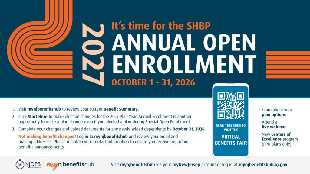 Informational graphic for the 2027 SHBP Annual Open Enrollment, October 1-31, 2026, including instructions to visit mynjbenefitshub, a QR code for a virtual benefits fair, and additional plan information.