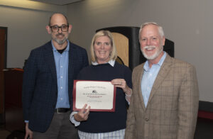 Photo of Dean Ken Goldstein, Professor Stephanie Sarabia, and Provost Michael Middleton