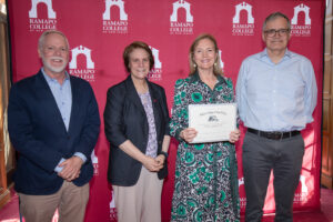 Fred and Florence Thomases Award group photo. Provost Michael Middleton, President Jebb, Kathleen Ray (recipient), Stephen Rice (Chair)