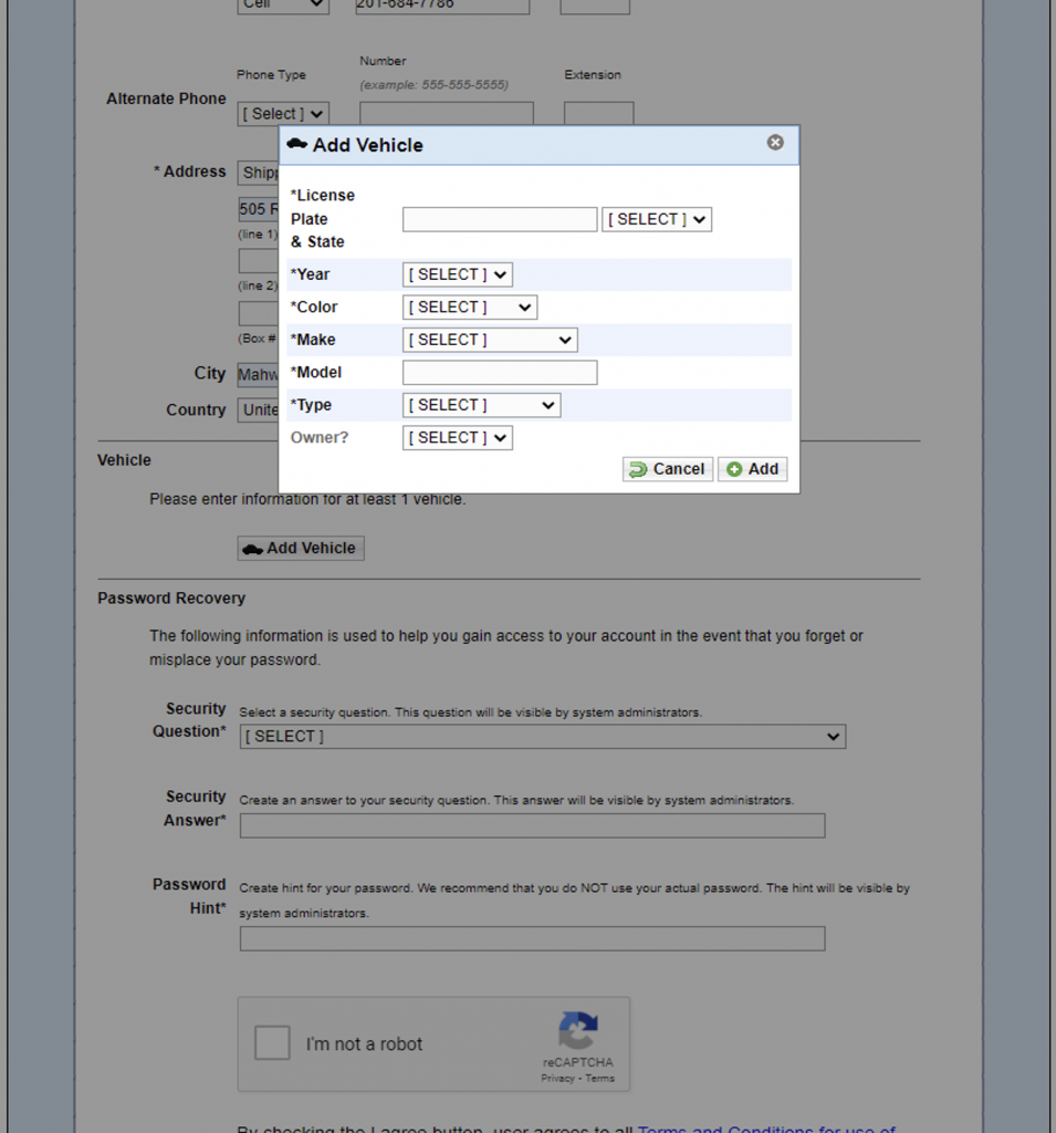 Permit Store - Add Vehicle Information Screen