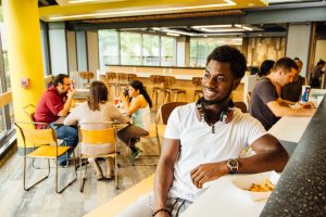 Student sitting in dining hall