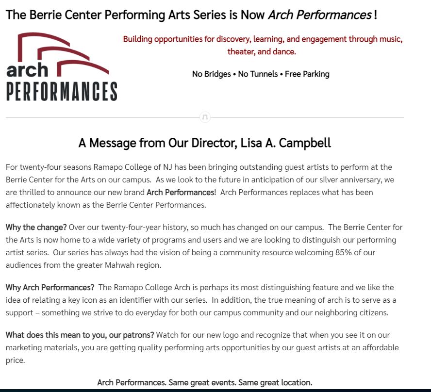 The Berrie Center Performing Arts Series is now Arch Performances!