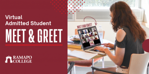 An image to be used on Twitter to promote an Admissions event. Text says, "You're invited to a virtual meet and greet for Admitted Students at Ramapo College."