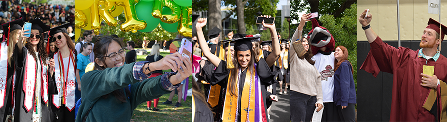 A collage of people using cell phones to take selfies and capture different events at Ramapo College.