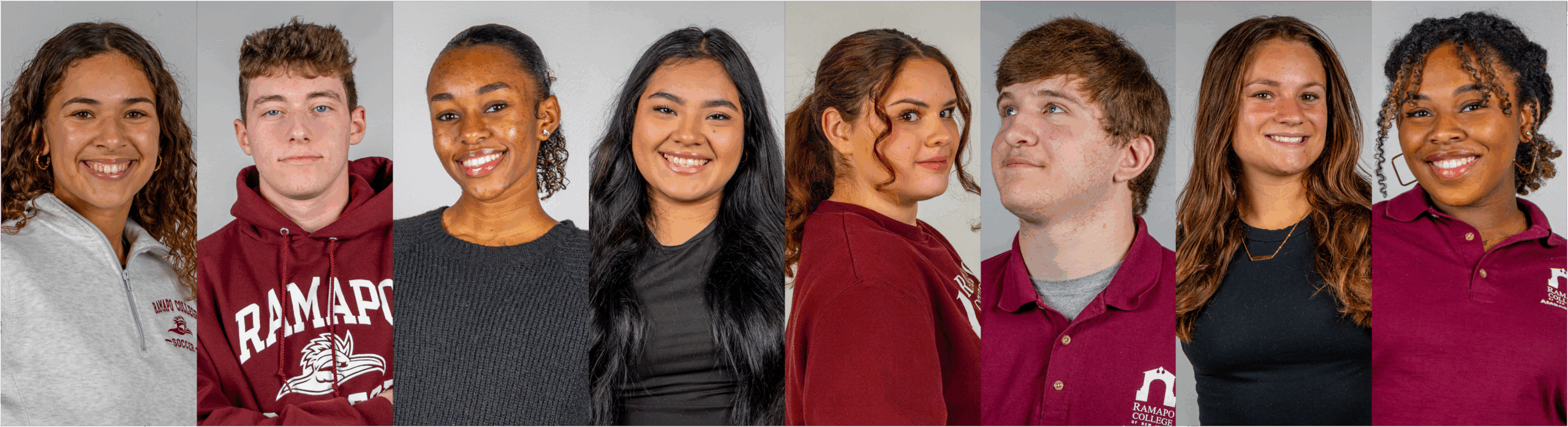Headshots of eight current Ramapo College influencers, Mia, Leo, Flo, Betsy, Chloe, Matthew, Ashley and Desiree.