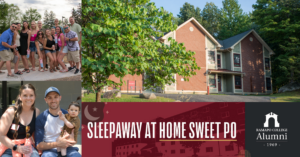 A designed image for a LinkedIn feed. It has three photos and text on it. The top left photo is a group of people coming together for a photo at an alumni event. Some hold beverages in their hands. The bottom left image is a woman, man and a baby posing together for a photo for the camera. The top right image is of the College Park Apartment's on a sunny summer day. On the bottom it reads, Sleepaway at Home Sweet Po" with the Ramapo College logo in the far bottom right.