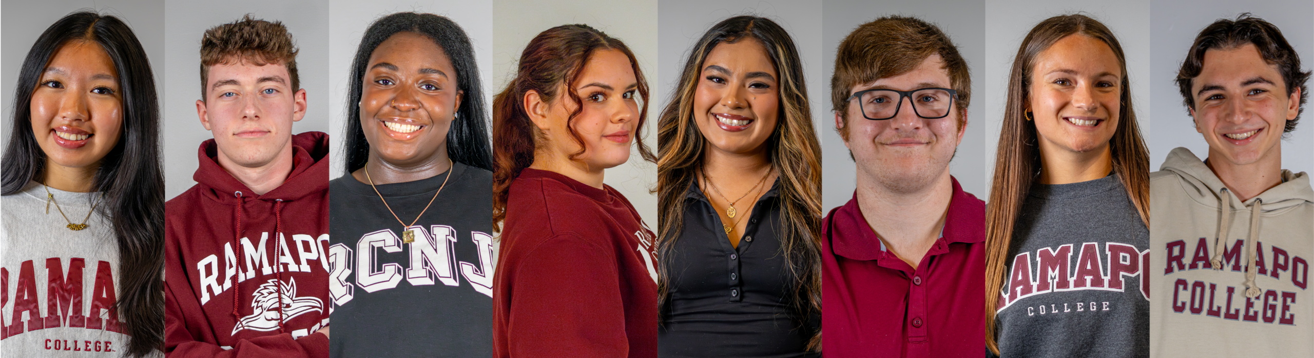 Seven young adults posing for individual headshots against a plain background.