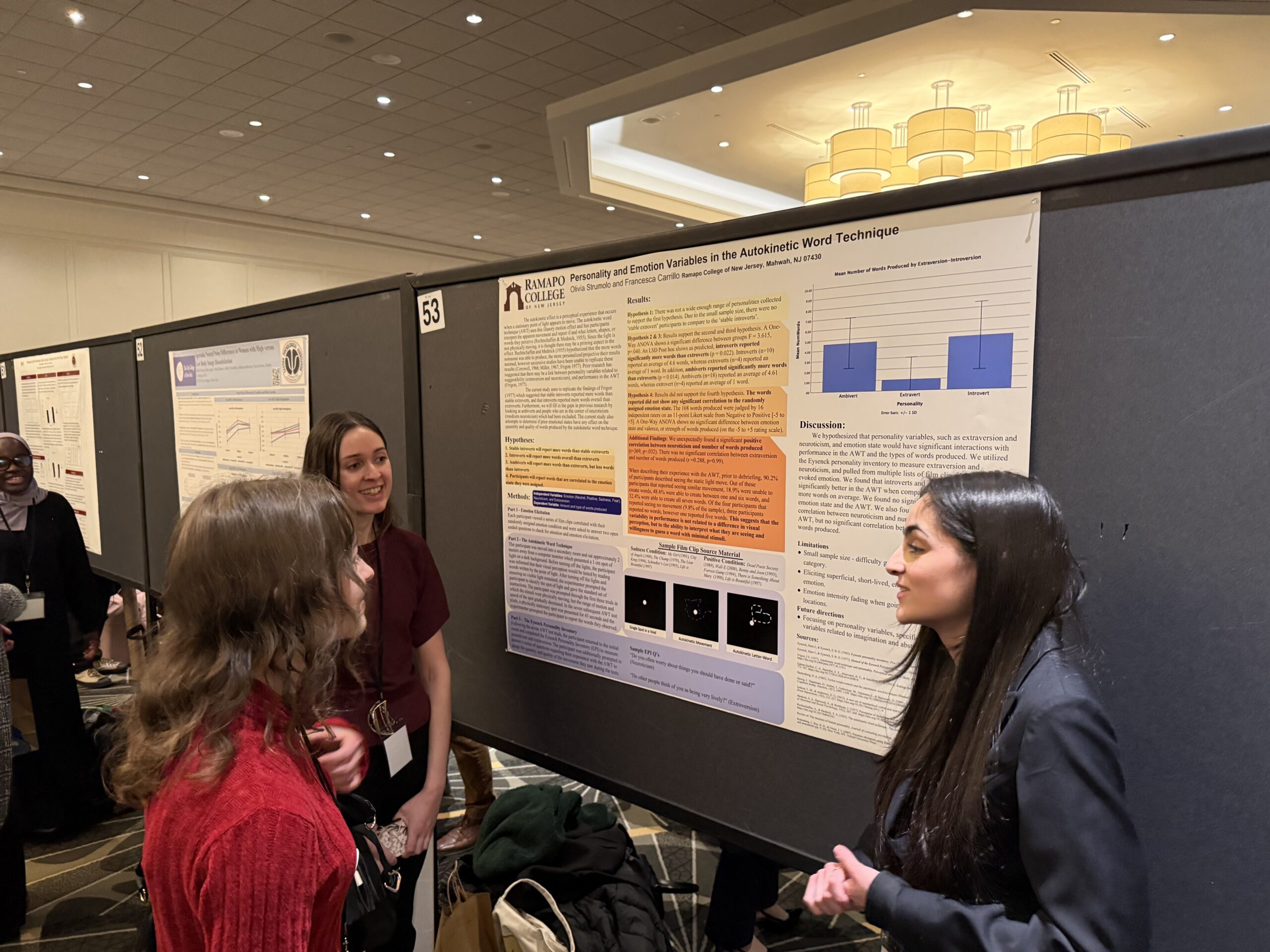 Three women stand in front of a large academic research poster at a conference, engaging in conversation. The poster features charts, text, and graphs. Other posters and attendees are visible in the background.