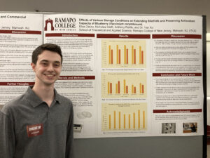 Student posing in front of their research poster.