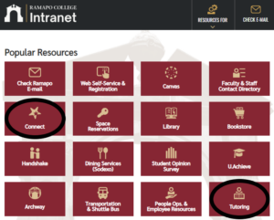 Image of Ramapo College Intranet Homepage with the Connect and Tutoring buttons circled.