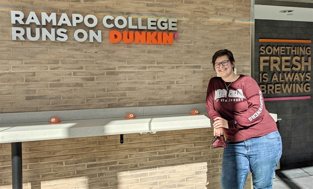 Marissa Krasny standing by the on Campus Dunkin at Ramapo College