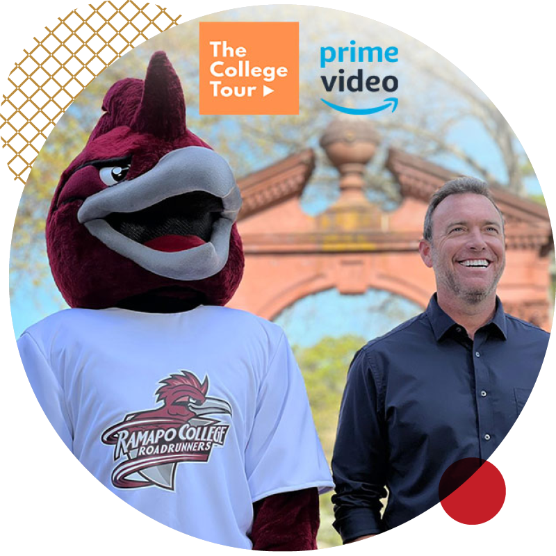 Roadrunner mascot with host from the TV show "The College Tour" by the arch